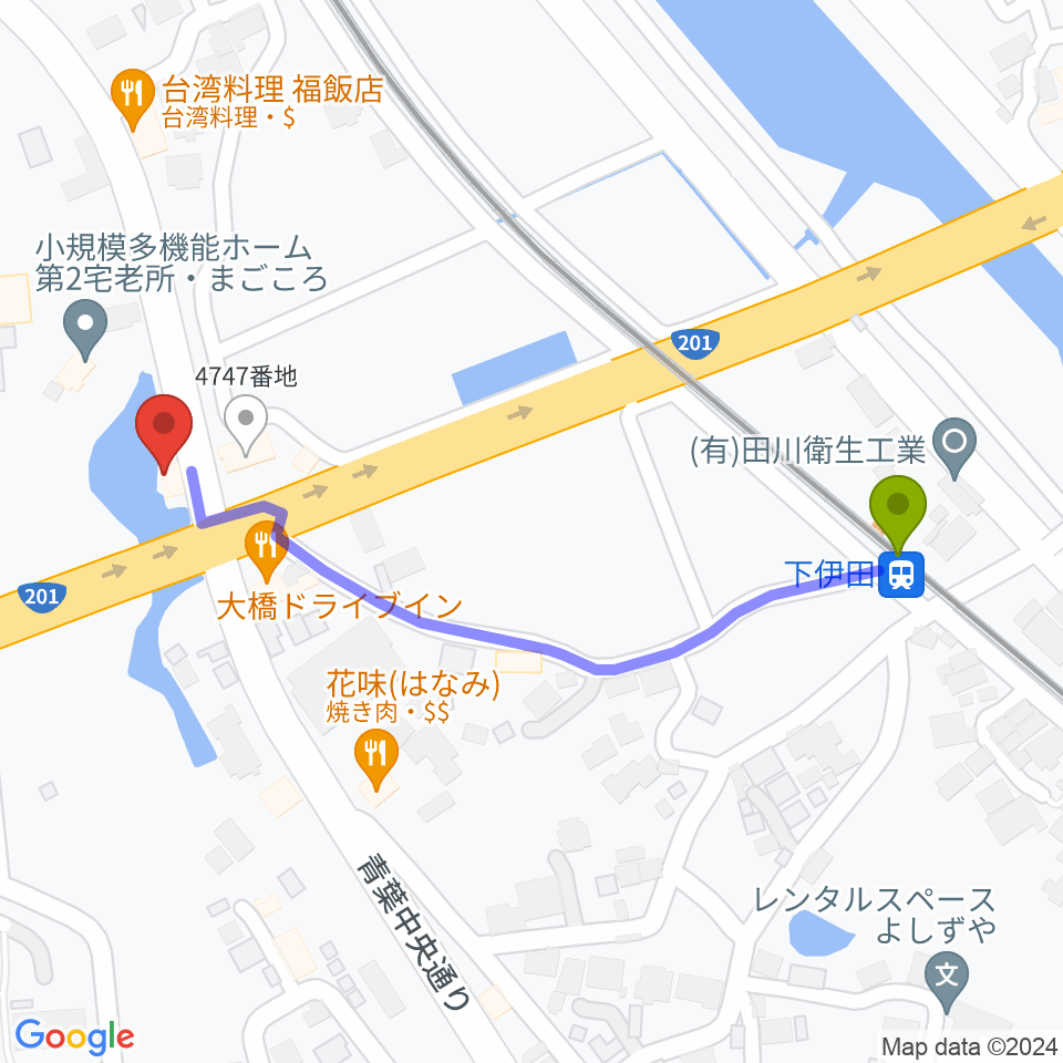 田川LOTの最寄駅下伊田駅からの徒歩ルート（約6分）地図