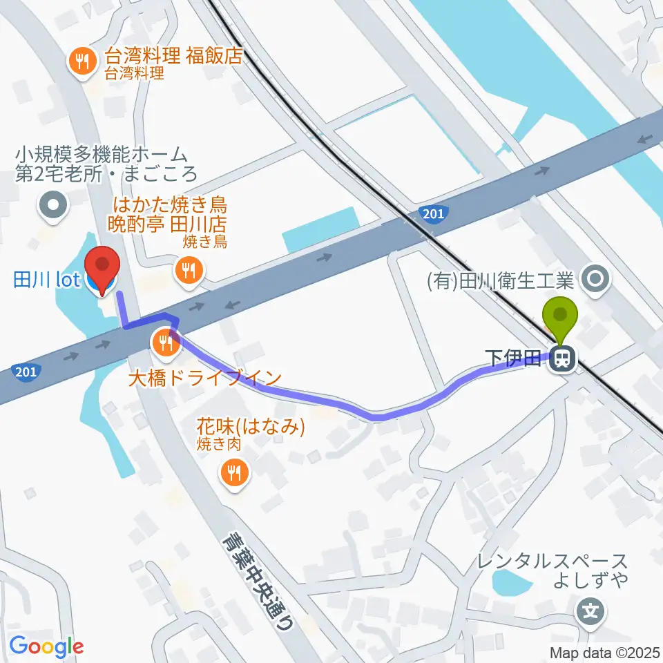 田川LOTの最寄駅下伊田駅からの徒歩ルート（約6分）地図