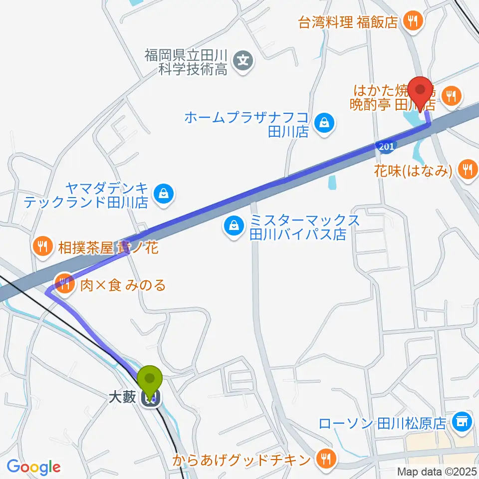 大藪駅から田川LOTへのルートマップ地図