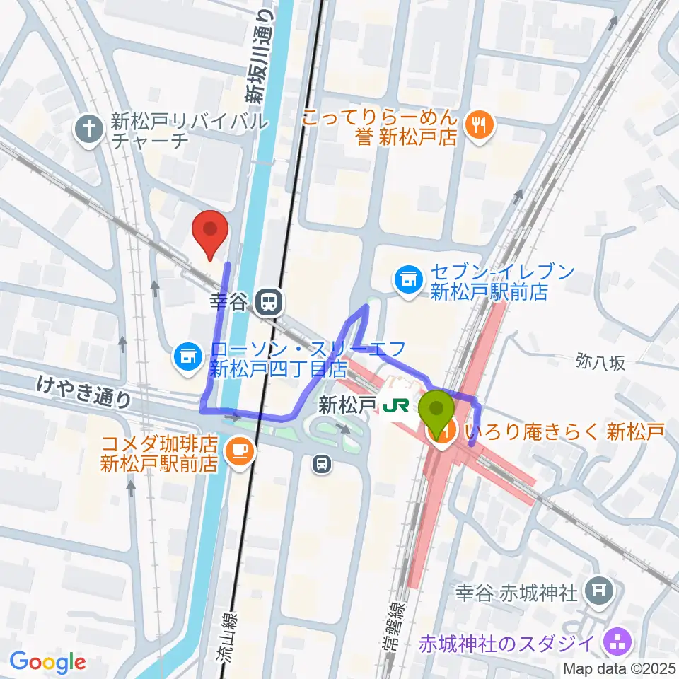 スタジオパックス新松戸店の最寄駅新松戸駅からの徒歩ルート（約3分）地図