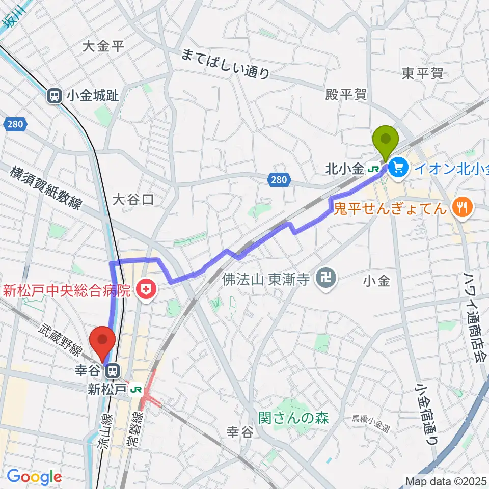 北小金駅からスタジオパックス新松戸店へのルートマップ地図