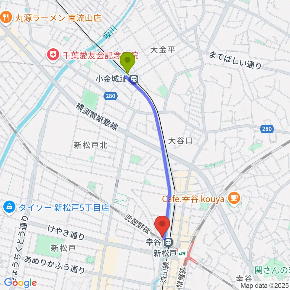 小金城趾駅からスタジオパックス新松戸店へのルートマップ地図
