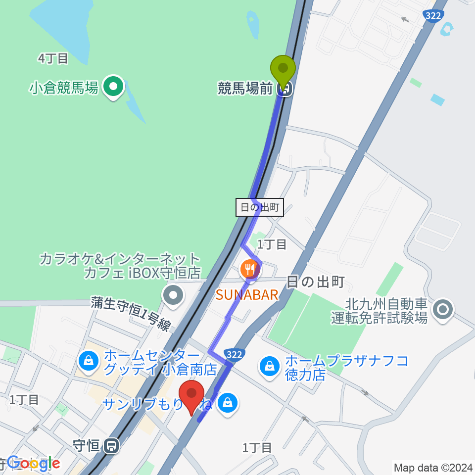 競馬場前駅から守恒みらいホールへのルートマップ地図