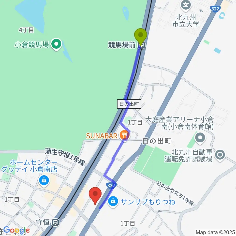 競馬場前駅から守恒みらいホールへのルートマップ地図