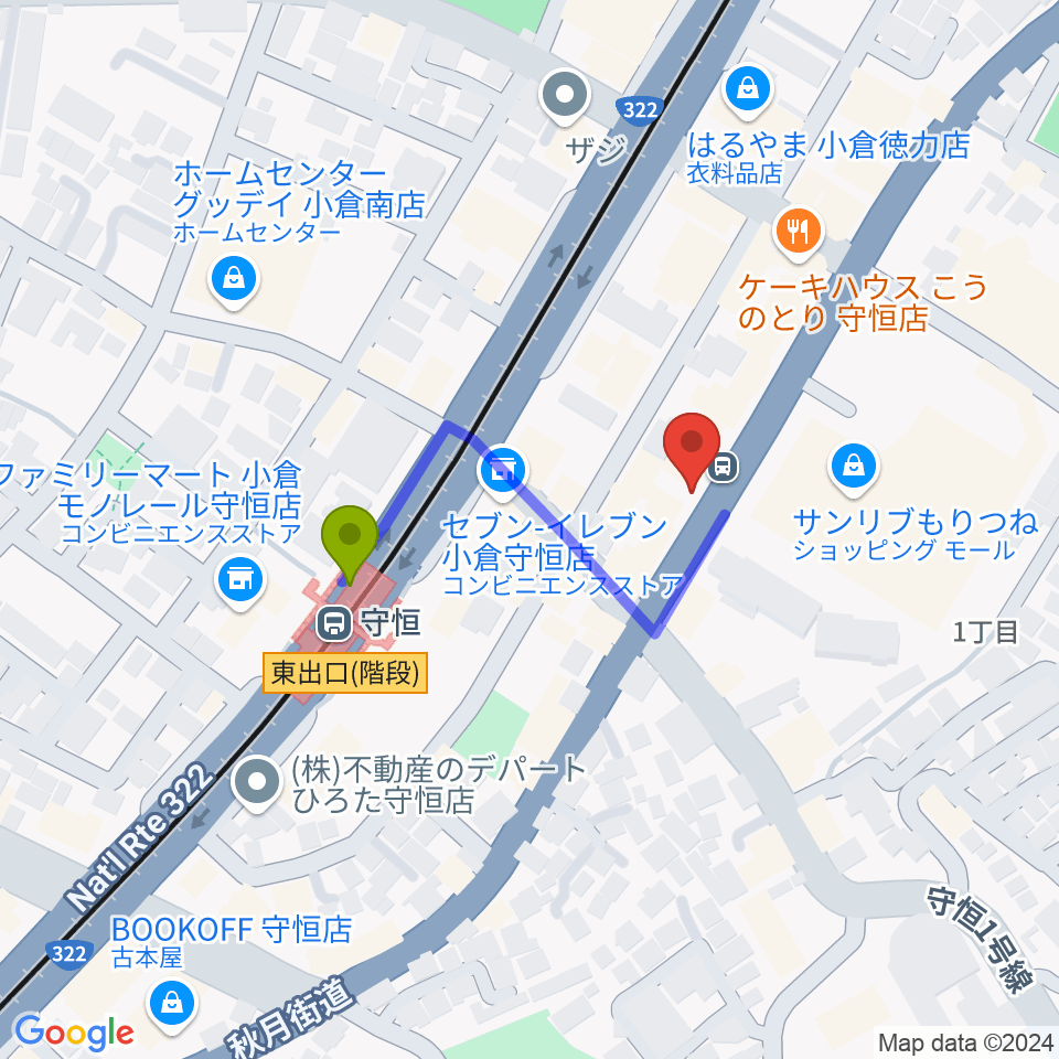 守恒みらいホールの最寄駅守恒駅からの徒歩ルート（約3分）地図