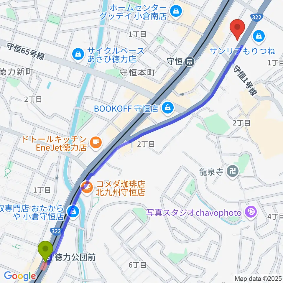 徳力公団前駅から守恒みらいホールへのルートマップ地図