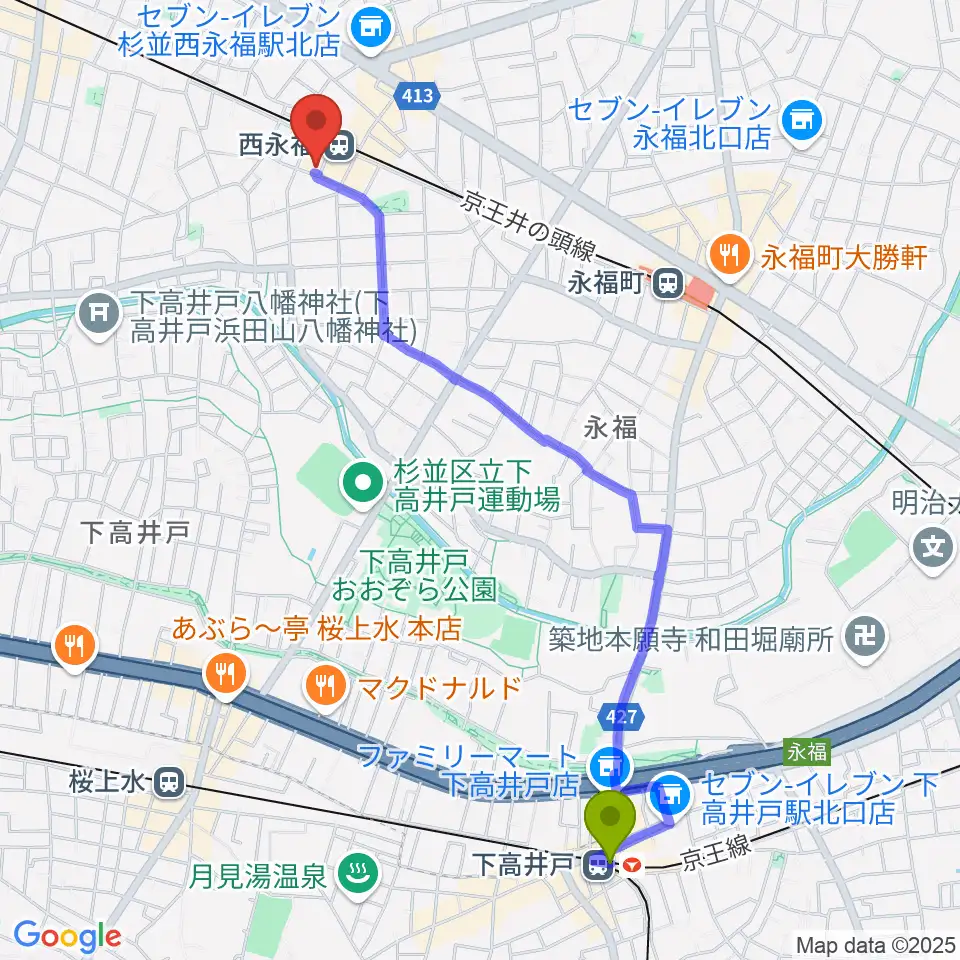 下高井戸駅から西永福JAMへのルートマップ地図