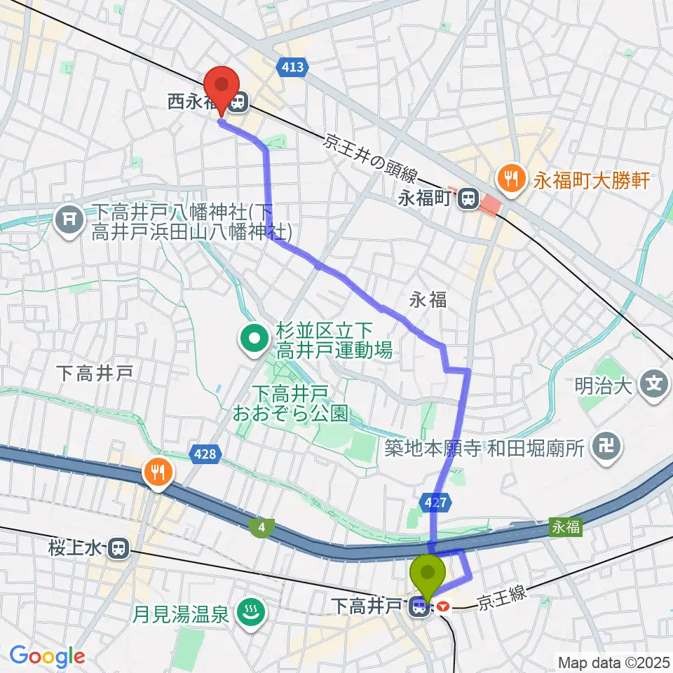下高井戸駅から西永福JAMへのルートマップ地図