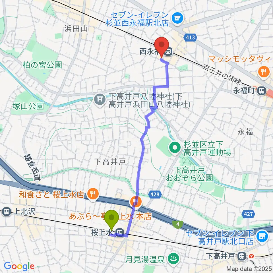 桜上水駅から西永福JAMへのルートマップ地図