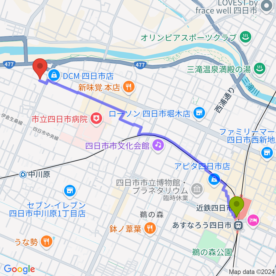 近鉄四日市駅から四日市CLUB ROOTSへのルートマップ地図