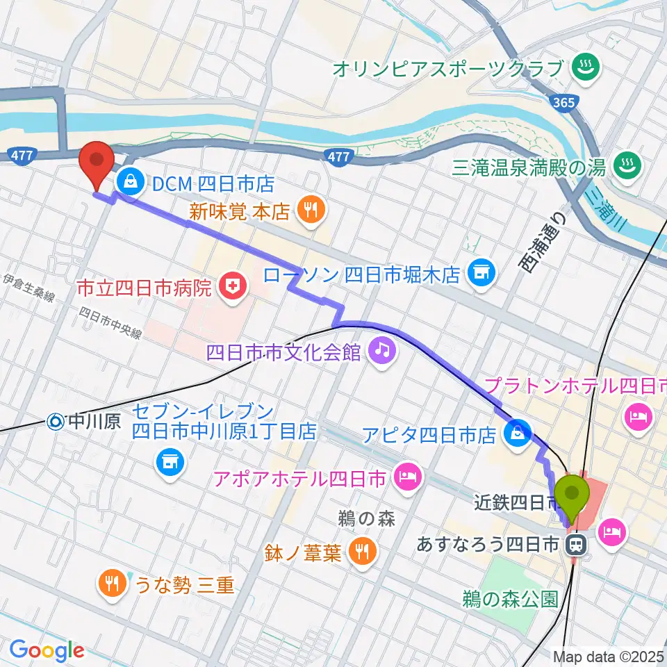 近鉄四日市駅から四日市CLUB ROOTSへのルートマップ地図