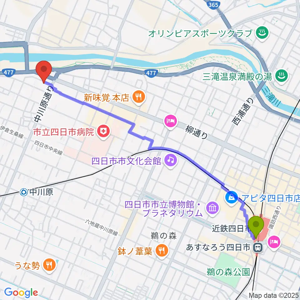 近鉄四日市駅から四日市CLUB ROOTSへのルートマップ地図