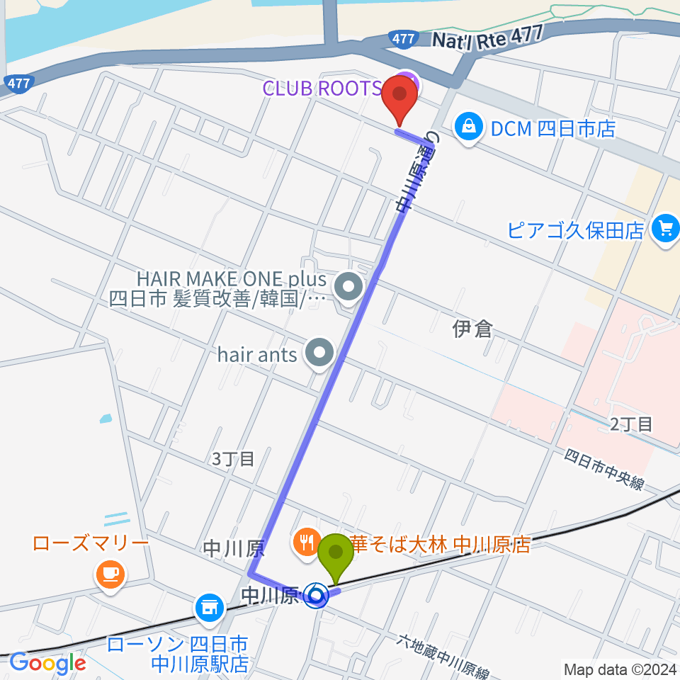 四日市CLUB ROOTSの最寄駅中川原駅からの徒歩ルート（約11分）地図