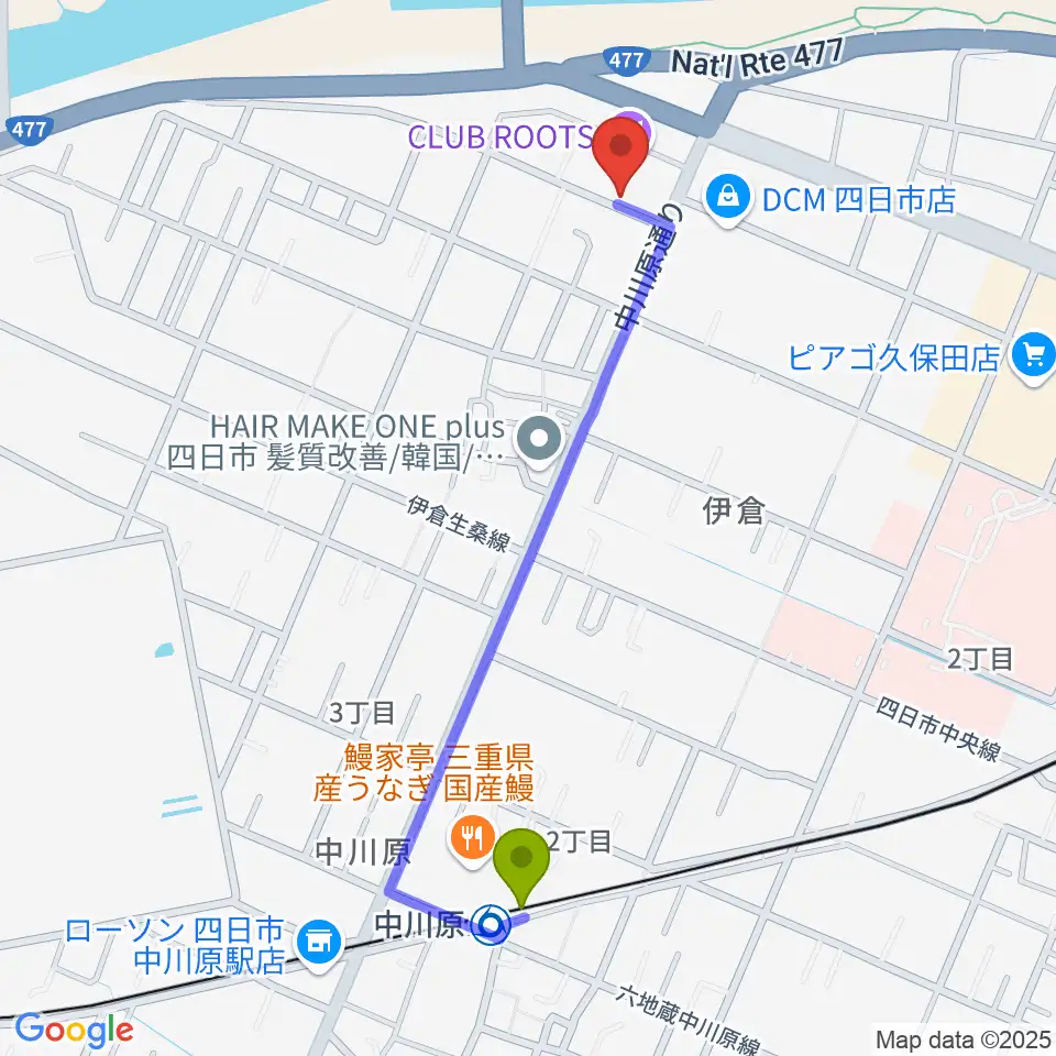 四日市CLUB ROOTSの最寄駅中川原駅からの徒歩ルート（約11分）地図