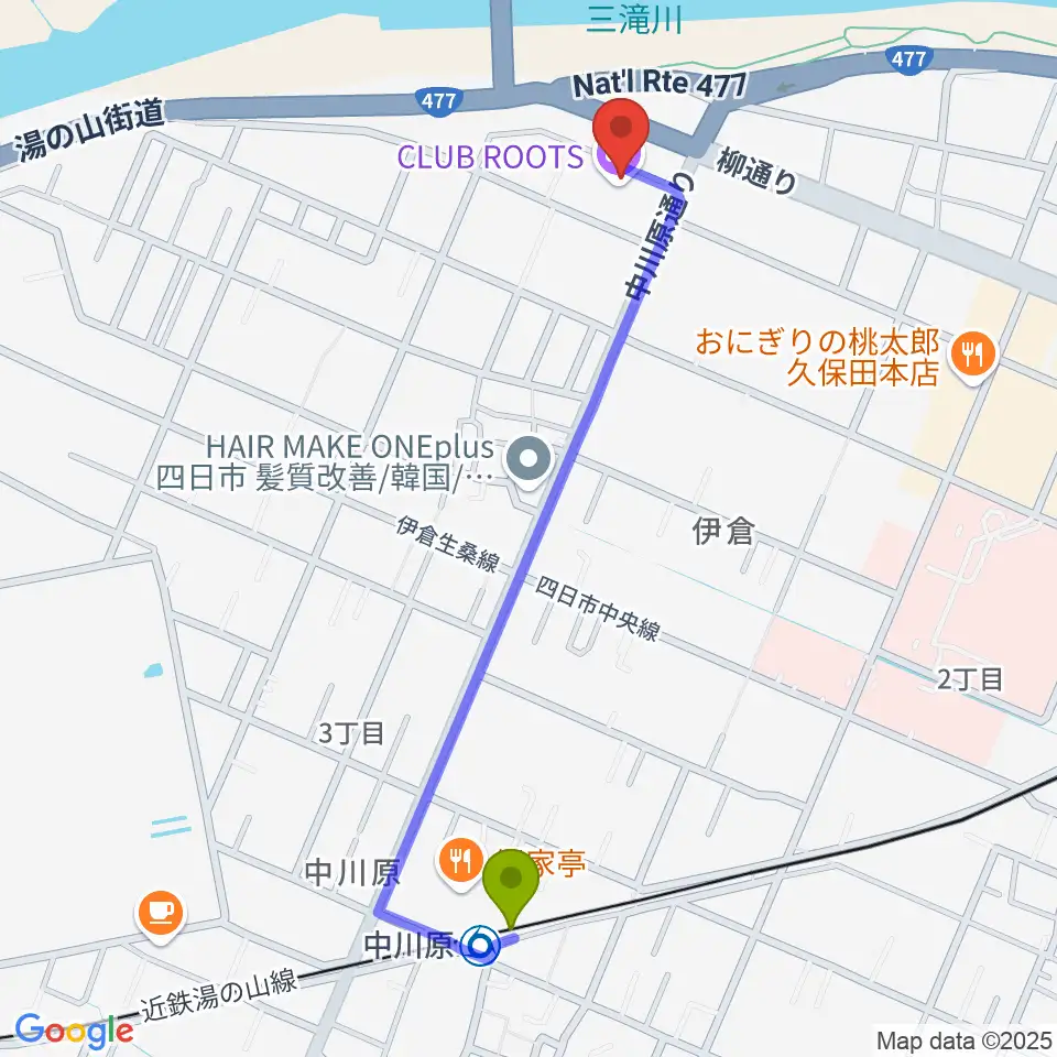 四日市CLUB ROOTSの最寄駅中川原駅からの徒歩ルート（約11分）地図