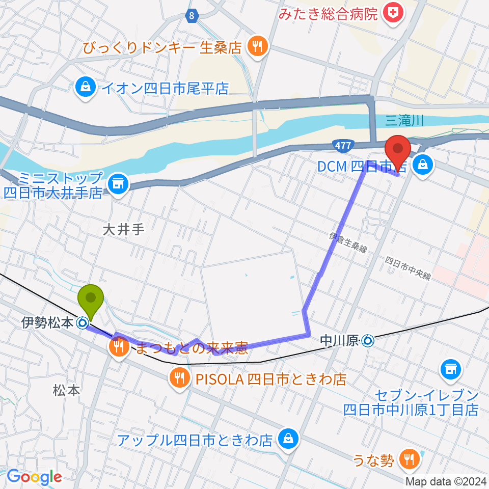 伊勢松本駅から四日市CLUB ROOTSへのルートマップ地図