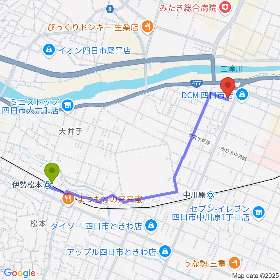 伊勢松本駅から四日市CLUB ROOTSへのルートマップ地図