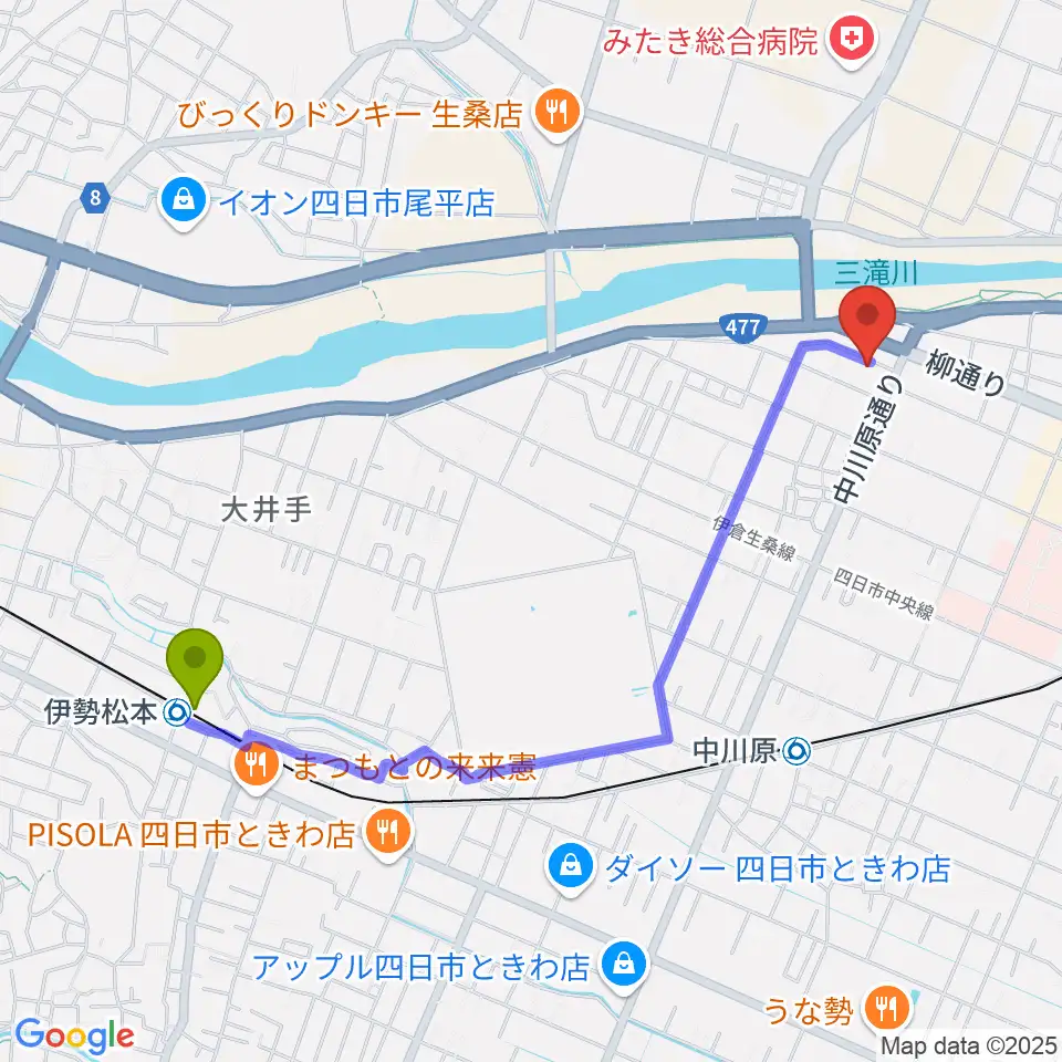 伊勢松本駅から四日市CLUB ROOTSへのルートマップ地図