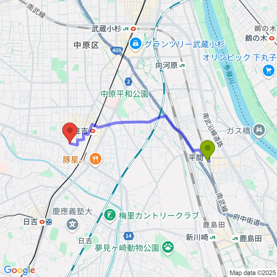 平間駅から島倉学ミュージックスクールへのルートマップ地図