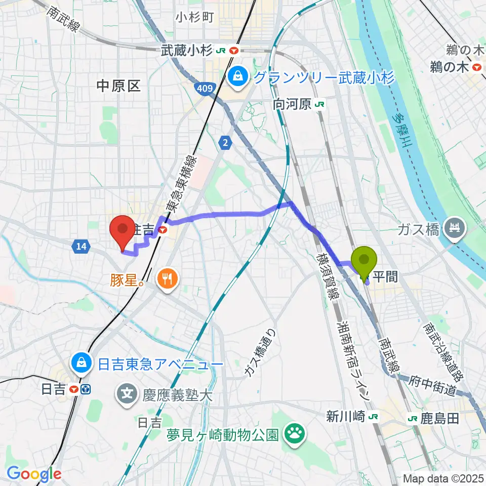 平間駅から島倉学ミュージックスクールへのルートマップ地図