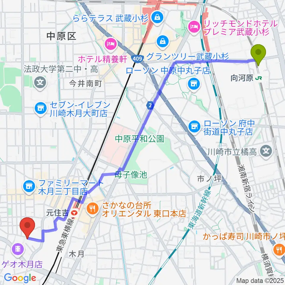 向河原駅から島倉学ミュージックスクールへのルートマップ地図