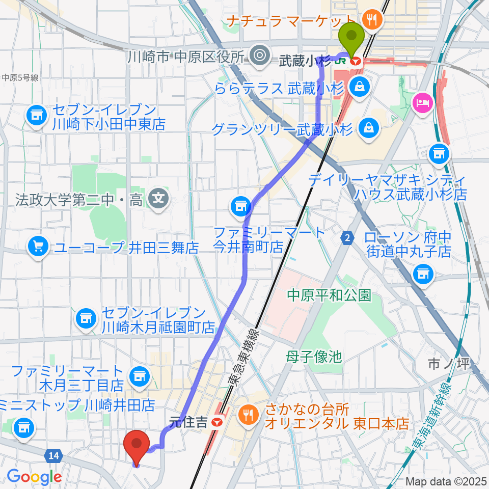 武蔵小杉駅から島倉学ミュージックスクールへのルートマップ地図