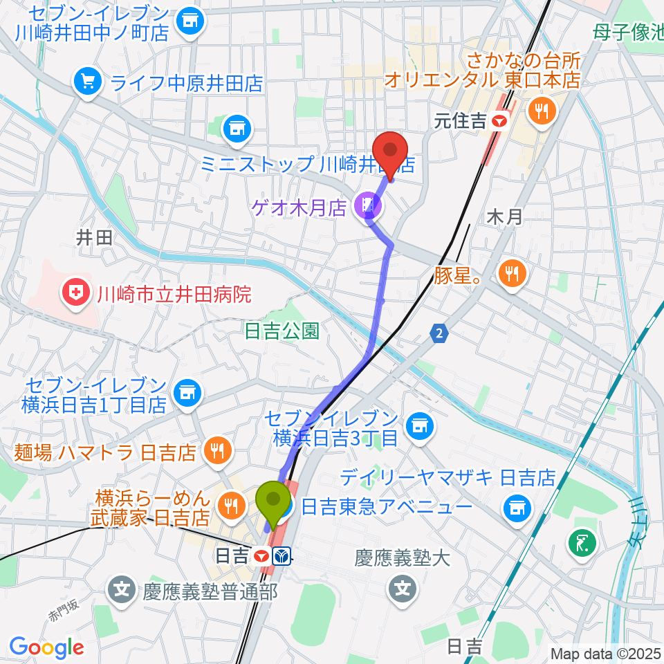 日吉駅から島倉学ミュージックスクールへのルートマップ地図