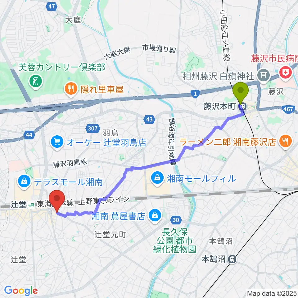 藤沢本町駅から木管楽器修理工房 岡田へのルートマップ地図
