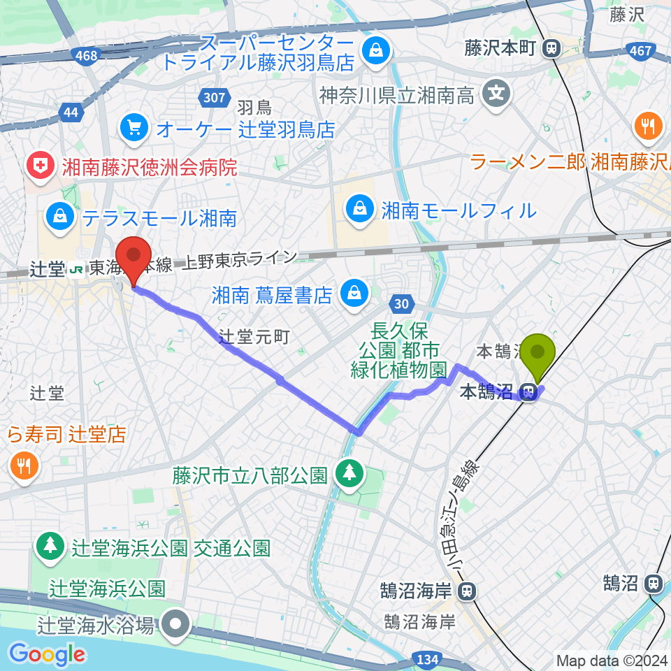 本鵠沼駅から木管楽器修理工房 岡田へのルートマップ地図