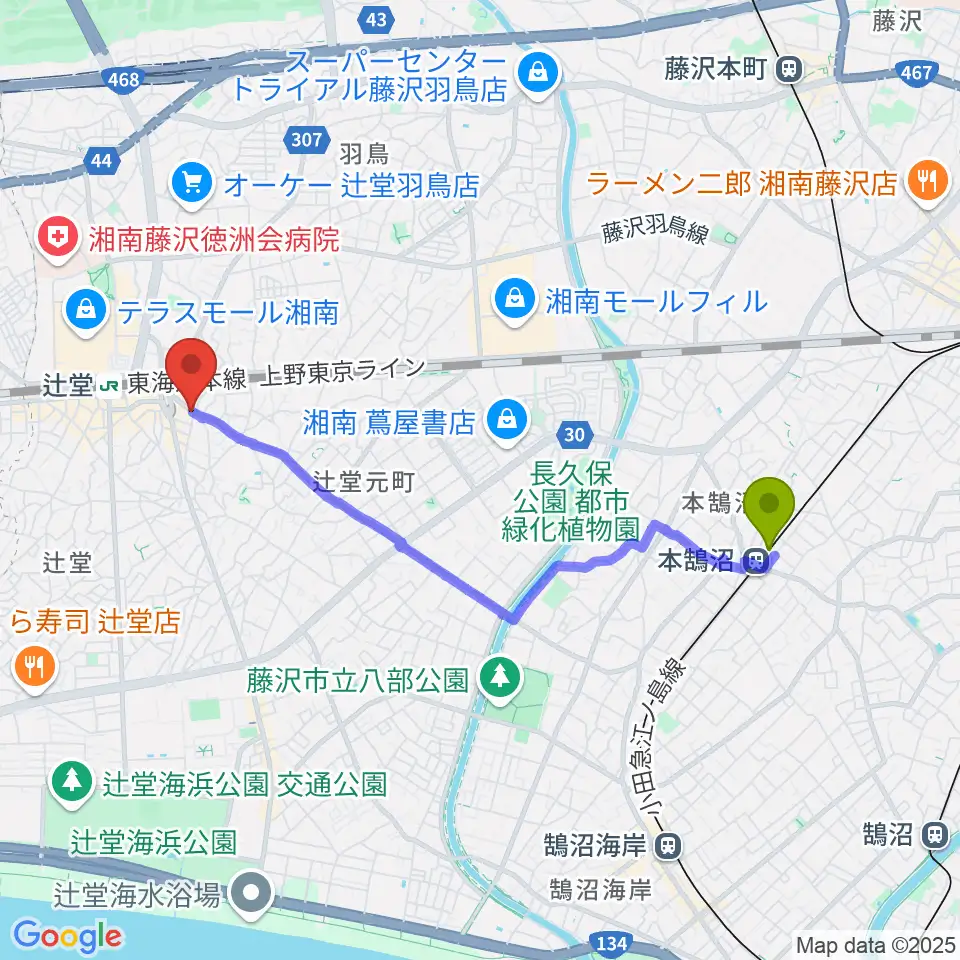 本鵠沼駅から木管楽器修理工房 岡田へのルートマップ地図