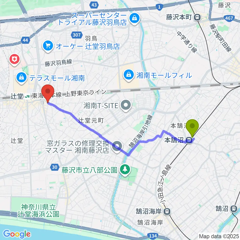 本鵠沼駅から木管楽器修理工房 岡田へのルートマップ地図