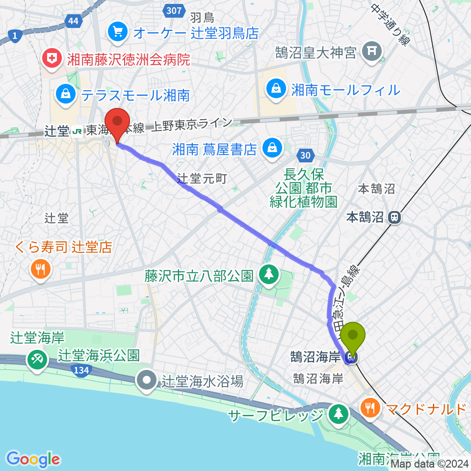 鵠沼海岸駅から木管楽器修理工房 岡田へのルートマップ地図