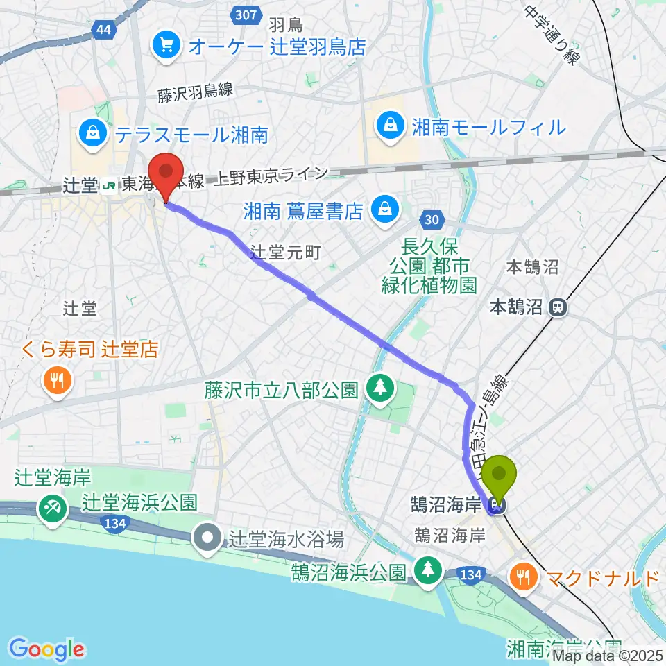 鵠沼海岸駅から木管楽器修理工房 岡田へのルートマップ地図