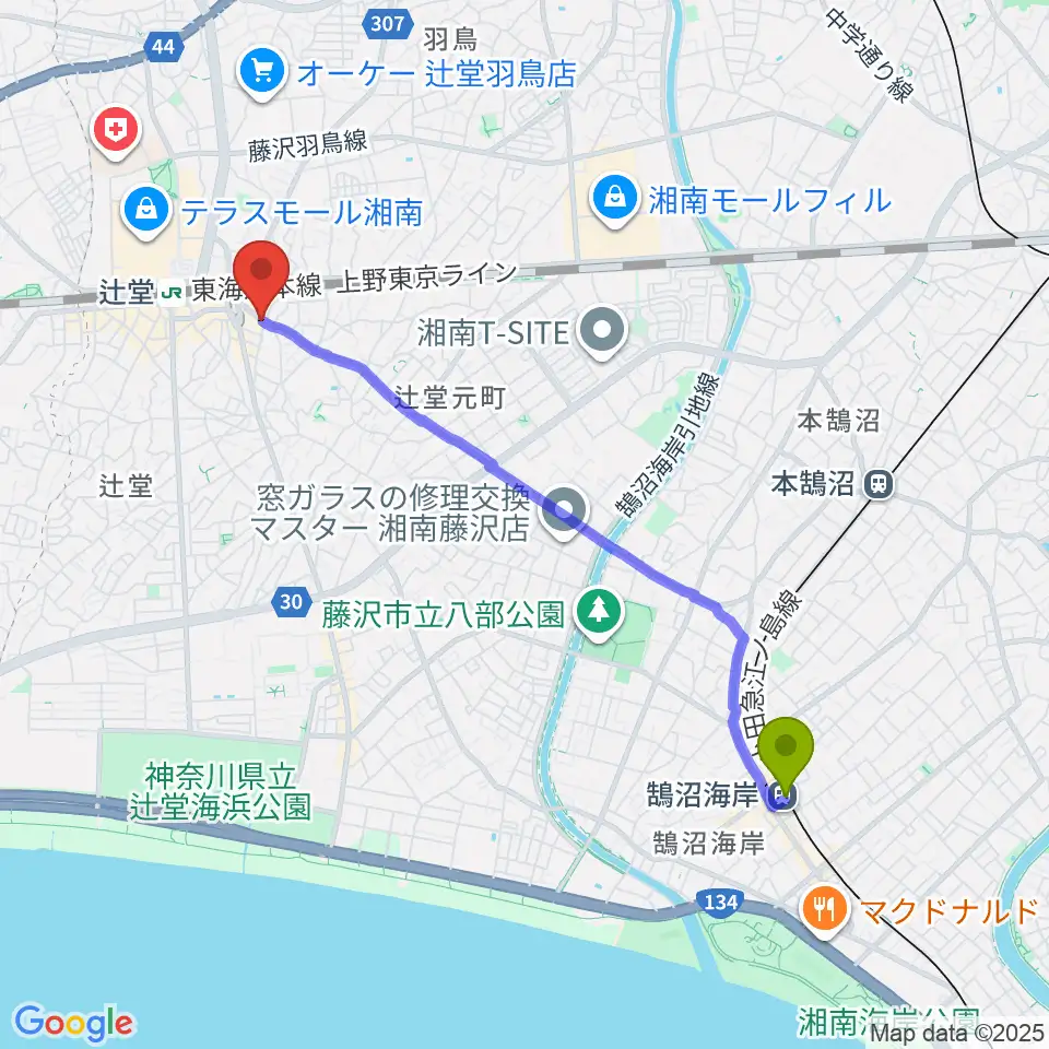 鵠沼海岸駅から木管楽器修理工房 岡田へのルートマップ地図
