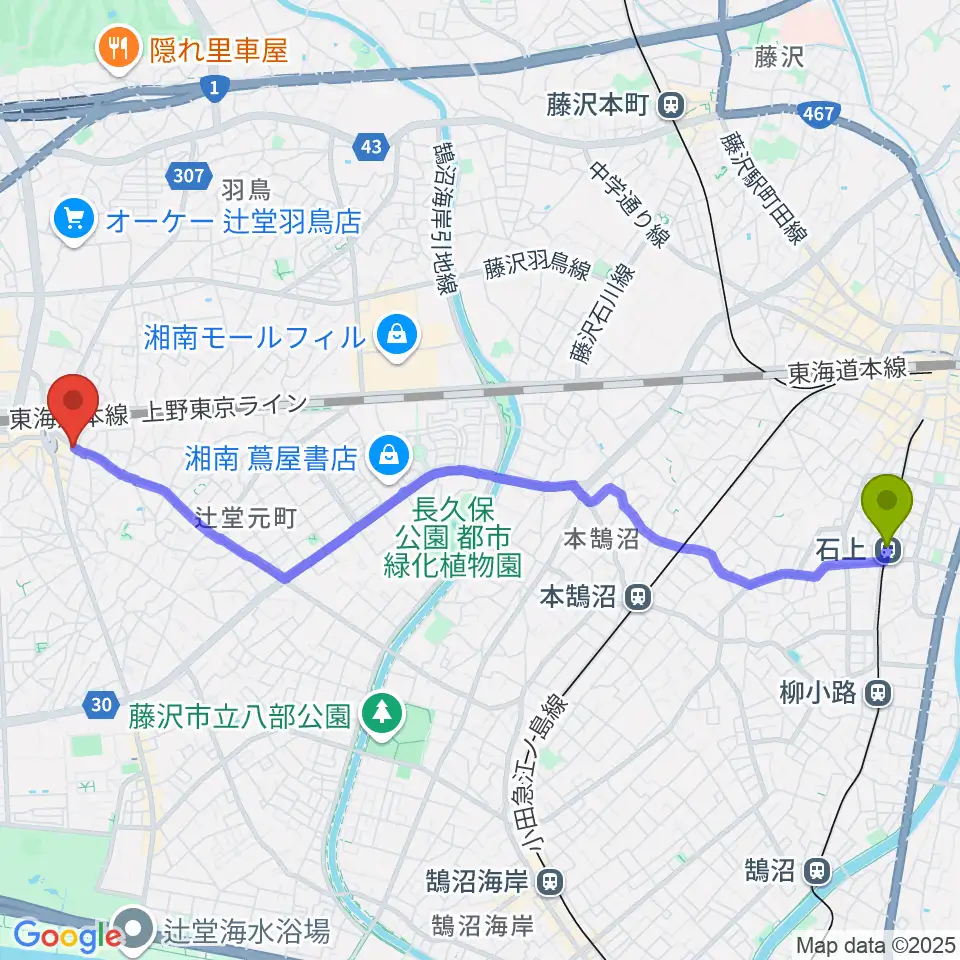 石上駅から木管楽器修理工房 岡田へのルートマップ地図