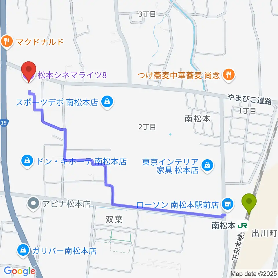 松本シネマライツ8の最寄駅南松本駅からの徒歩ルート（約14分）地図