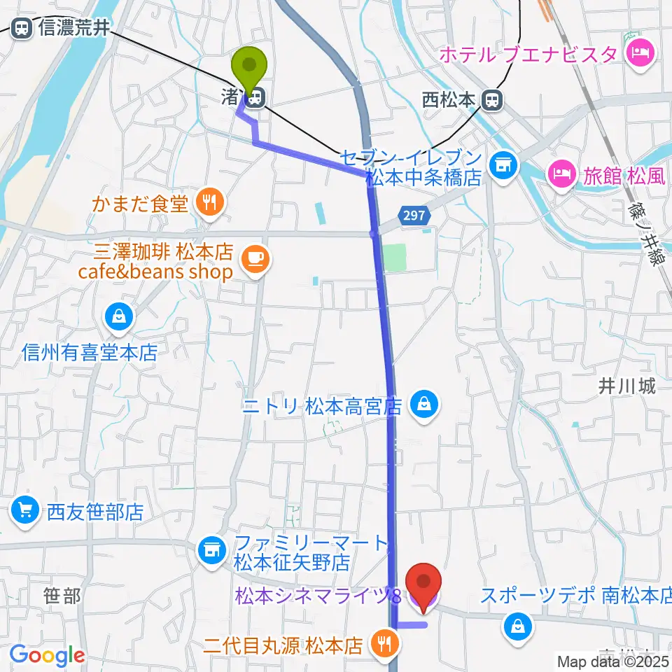 渚駅から松本シネマライツ8へのルートマップ地図