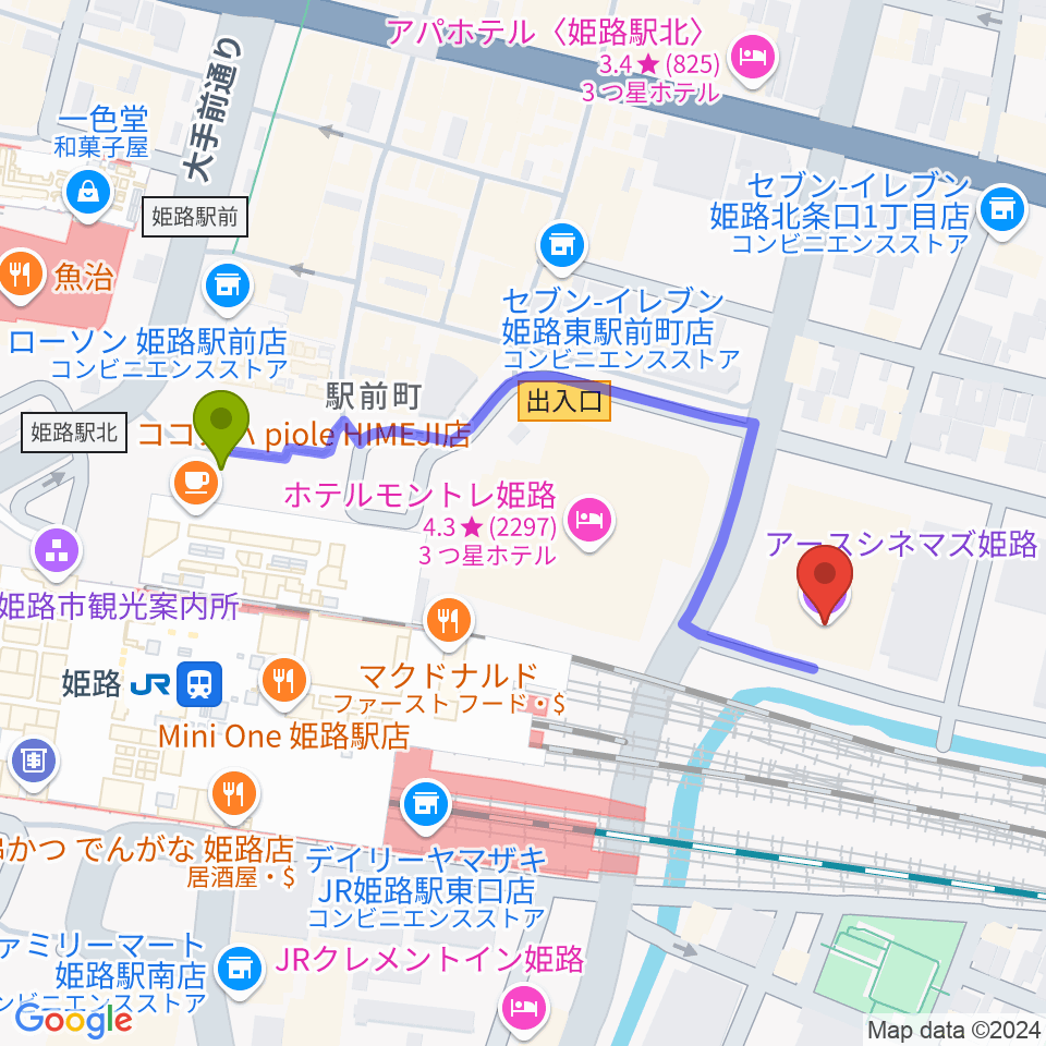 アースシネマズ姫路の最寄駅姫路駅からの徒歩ルート（約5分）地図