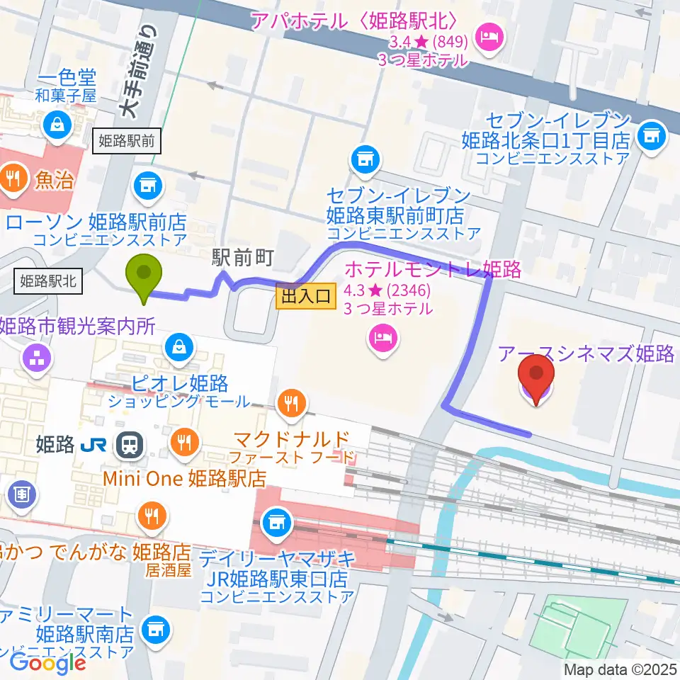 アースシネマズ姫路の最寄駅姫路駅からの徒歩ルート（約5分）地図