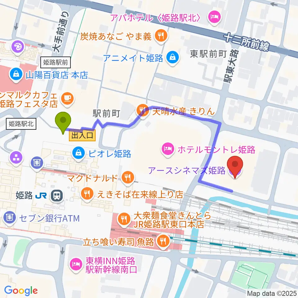 アースシネマズ姫路の最寄駅姫路駅からの徒歩ルート（約5分）地図
