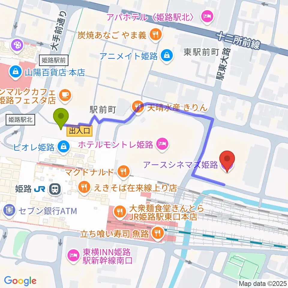 アースシネマズ姫路の最寄駅姫路駅からの徒歩ルート（約5分）地図
