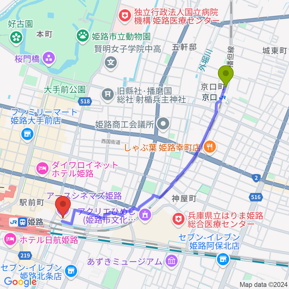 京口駅からアースシネマズ姫路へのルートマップ地図