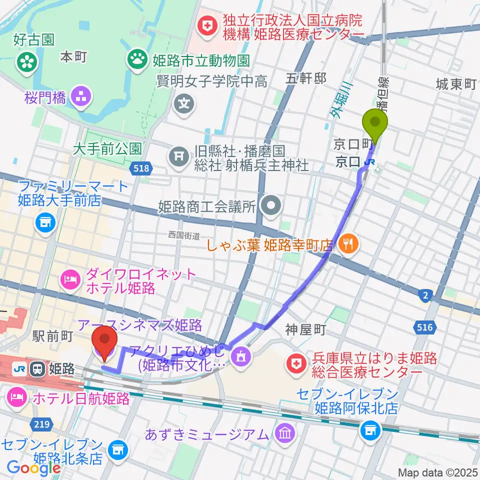 京口駅からアースシネマズ姫路へのルートマップ地図