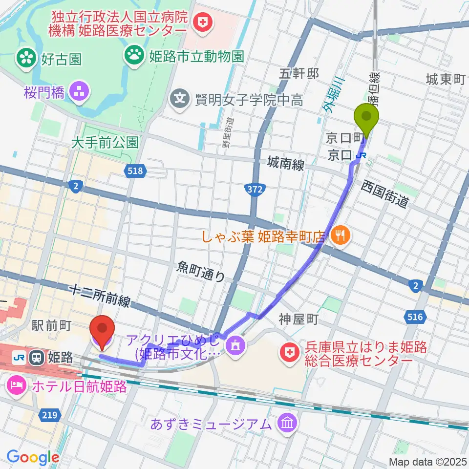 京口駅からアースシネマズ姫路へのルートマップ地図
