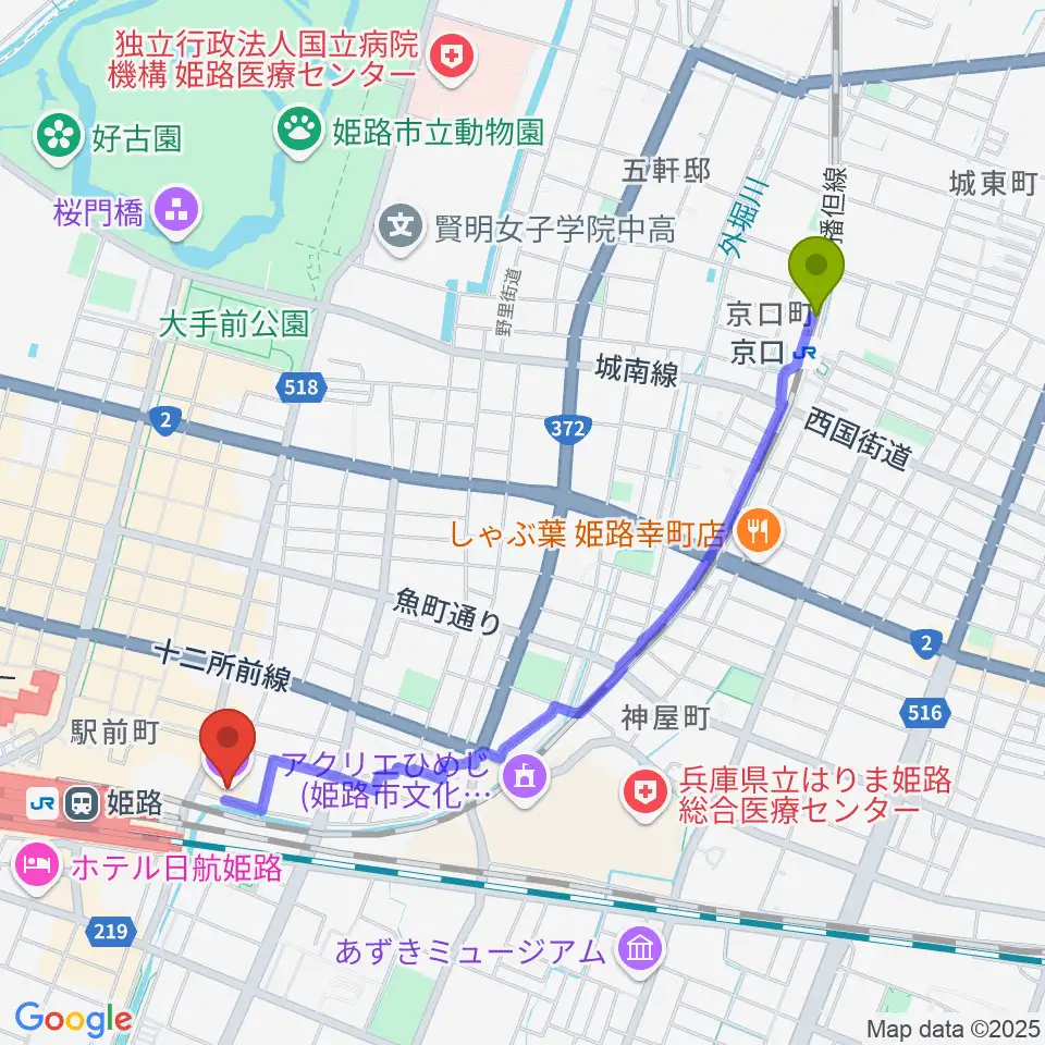 京口駅からアースシネマズ姫路へのルートマップ地図