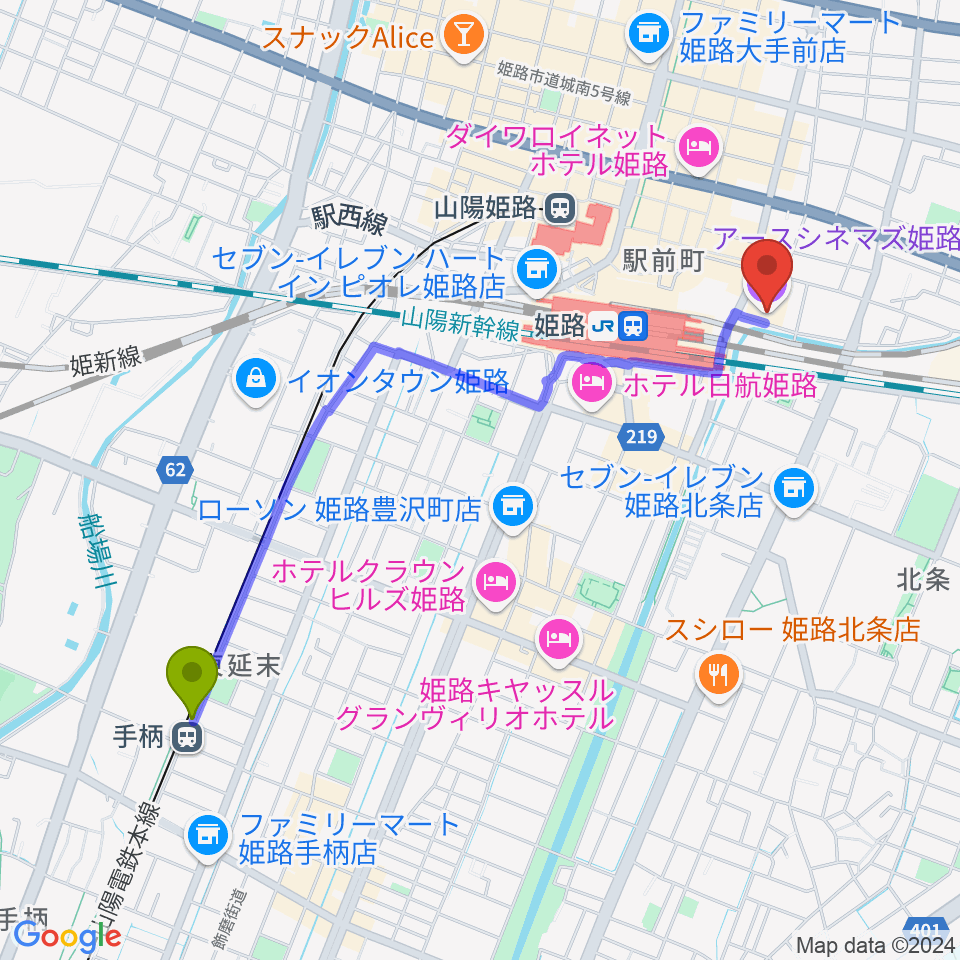 手柄駅からアースシネマズ姫路へのルートマップ地図