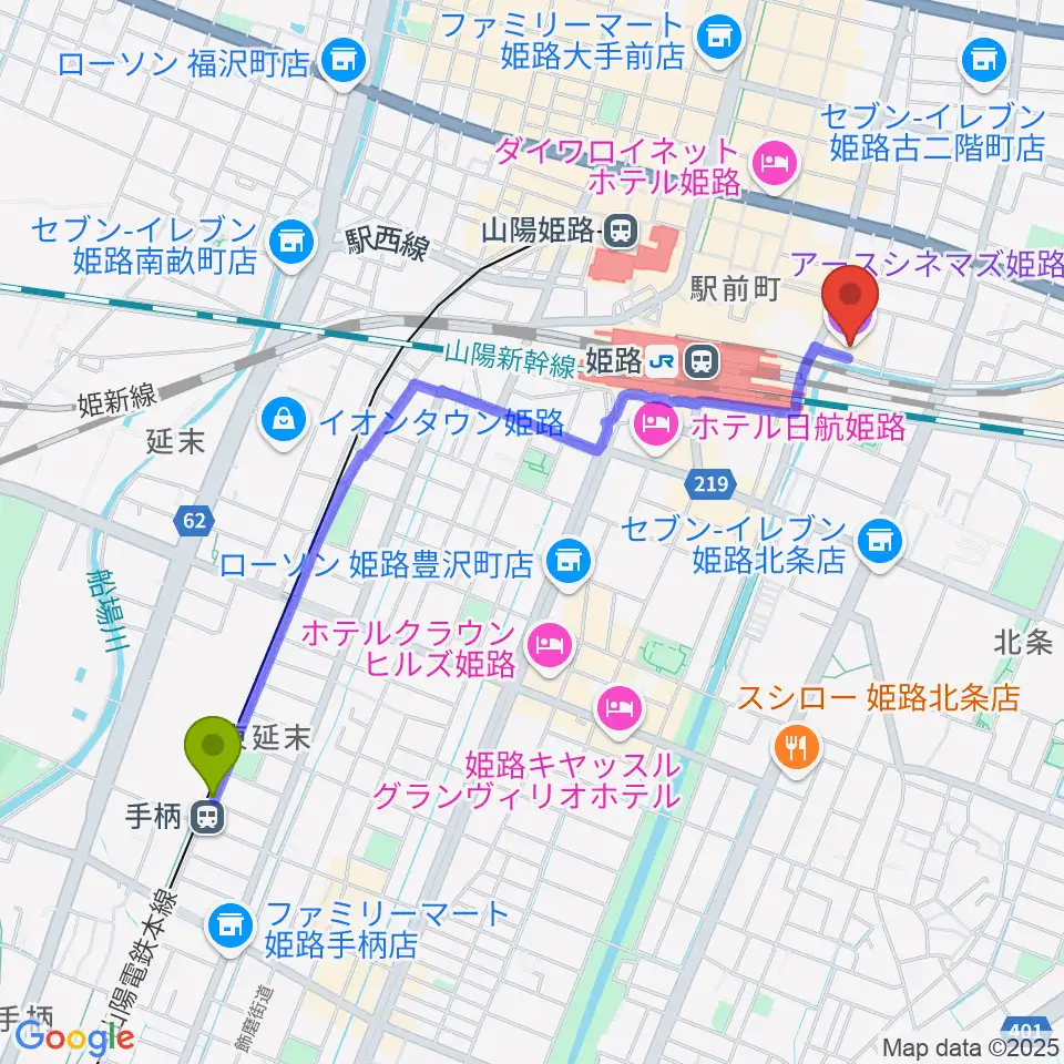 手柄駅からアースシネマズ姫路へのルートマップ地図