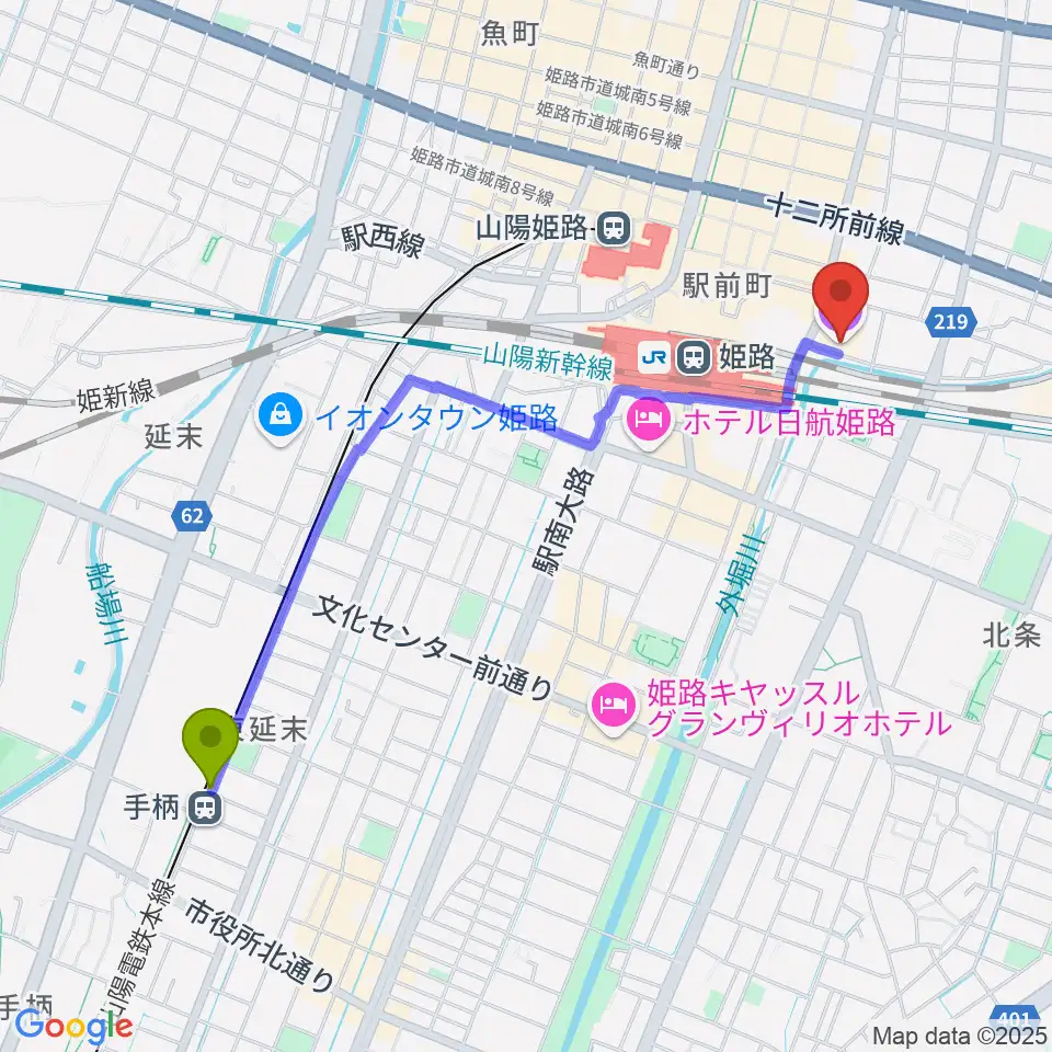 手柄駅からアースシネマズ姫路へのルートマップ地図