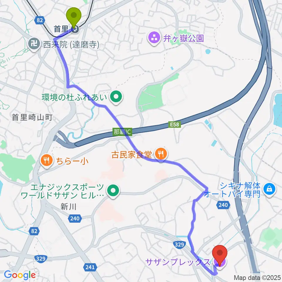 サザンプレックスの最寄駅首里駅からの徒歩ルート（約34分）地図
