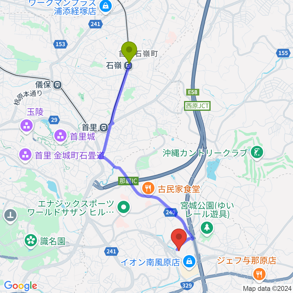 石嶺駅からサザンプレックスへのルートマップ地図